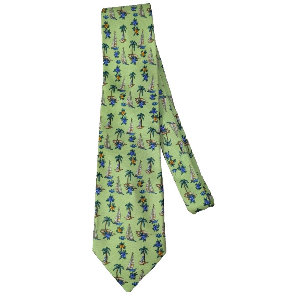 Tango Men's Necktie Tie 100%‎ Silk Novelty Sailboat Tropical Palms Green Printed